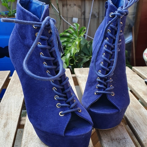 Faux Suede Electric Blue Lace Up Stilettos - Picture 3 of 3
